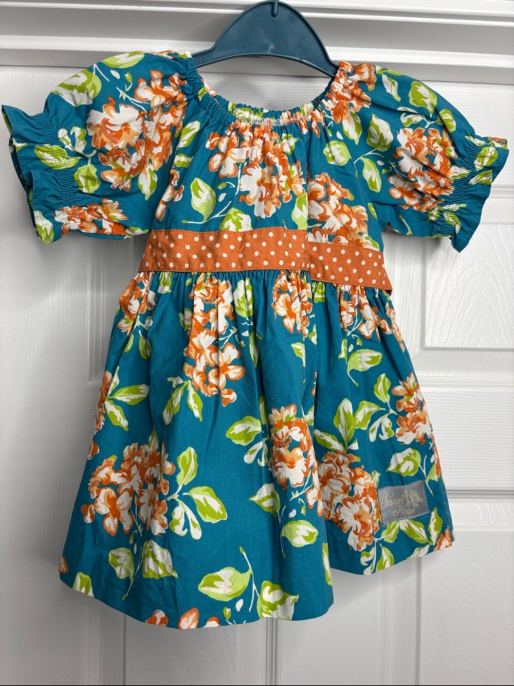 Eleanor Rose Teal Floral Dress with Orange Polka-Dot Waist